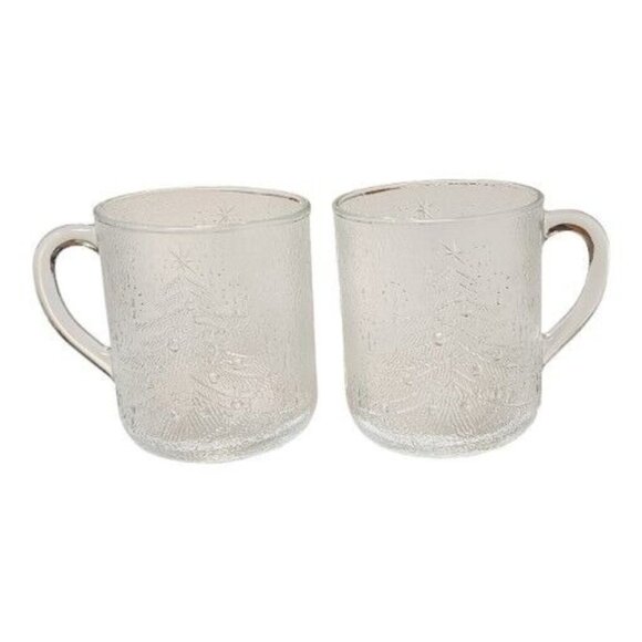Set Of 2 Christmas Tree Mugs Cups Frosted Clear Tempered Glass, Duralex France - Picture 5 of 5